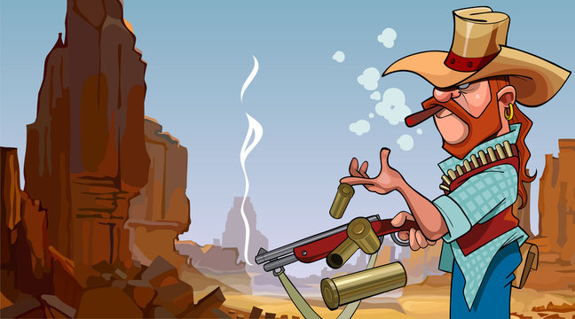 cartoon frowning man in a hat shot from a gun in a stone canyon