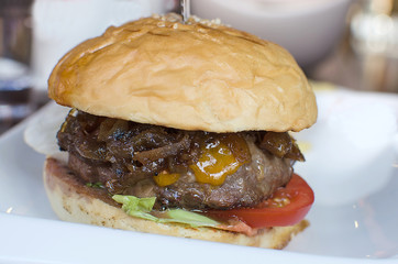 Hamburger, homemade hamburger with fresh vegetables.