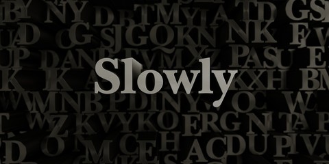 Slowly - Stock image of 3D rendered metallic typeset headline illustration.  Can be used for an online banner ad or a print postcard.
