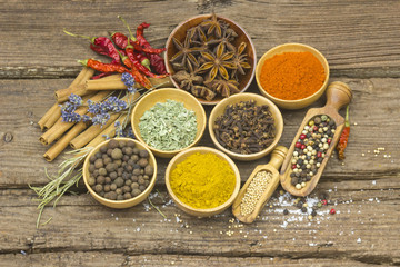 Variety of spices on wooden background