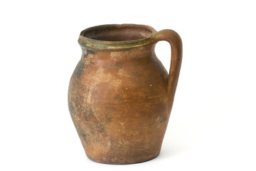 Clay jug, old ceramic vase isolated on white background
