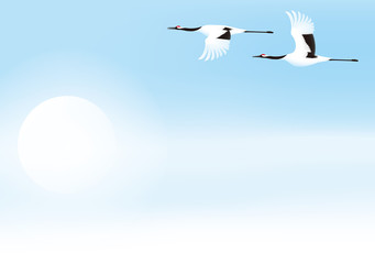 Obraz premium 太陽と鶴 日本の風景