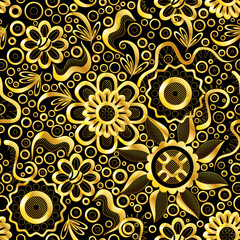 Abstract Seamless Background with Symbolical Gold Floral Patterns, Shining Colorful Ornament, Flowers and Leaves on Black. Eps10, Contains Transparencies. Vector