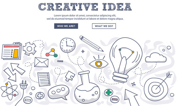 Doodle design style concept of creative idea, finding solution, brainstorming, creative thinking. Modern line style illustration for web banners, hero images, printed materials