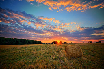 Sunset over field with hay bales