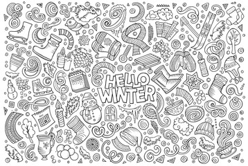 Fototapeta premium Cartoon set of Winter season objects