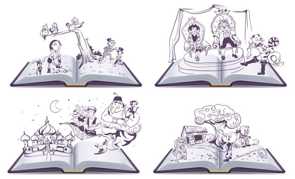Set Open book illustration tale story of Pinocchio, Cipollino, Alladin and Puss in Boots