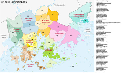 Nighborhood and district map of the Finnish capital Helsinki, Helsingfors