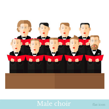 Flat style male choir in two raws with black suits and red cover notes on white