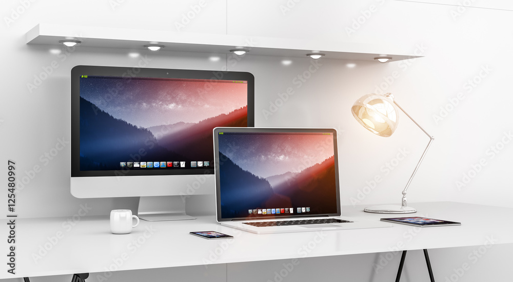 Poster modern white desk interior with computer and devices 3d renderin