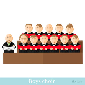 Flat style leader and boys choir in two raws with black suits, red cover notes isolated on white