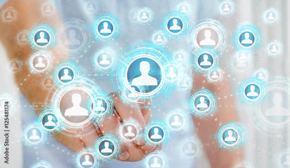 Poster businessman using blue social network 3d rendering