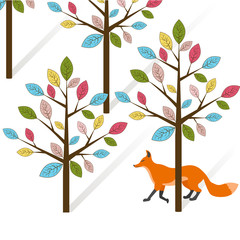 Vector flat illustration of a red fox that walks in the woods among the trees