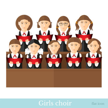 Flat style girls choir in two raws with black suits and red cover notes isolated on white