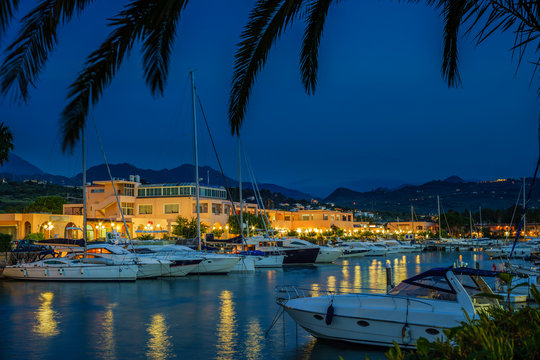 touristic port at night,  Portorosa, Sicily