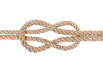 Nautical rope knot. Square knot isolated on white background. 