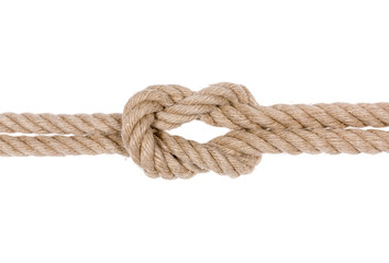 Nautical rope knot. Square knot isolated on white background. 