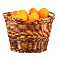 Oranges in wicker basket isolated on white background.