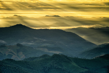 Ray of light landscape, View of mountains with ray of morning gold light.