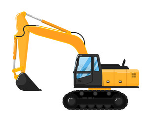 Yellow crawler excavator isolated on white background vector illustration. Construction digger machine in flat design. Backhoe loader. Building equipment. Commercial vehicle. © studioworkstock