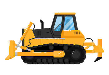 Yellow crawler bulldozer isolated on white background vector illustration. Construction digger machine in flat design. Modern dozer. Building equipment. Commercial vehicle.