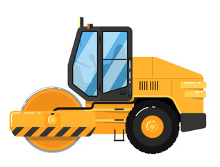 Yellow road roller isolated on white background vector illustration. Road construction machine in flat design. Auto steamroller. Building equipment. Commercial vehicle.