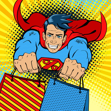 Pop art superhero. Young handsome happy man in a superhero costume with a percent sign on the chest flies with shopping bags. Vector illustration in retro pop art comic style.