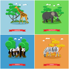 Zoo concept banner. Wildlife animals. Vector illustration in flat style design. Giraffe, Zebra, Elephant, Panda bear