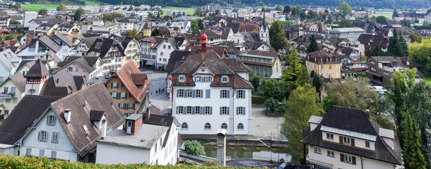 Overview on the central square of Sarnen on the Swiss Alps