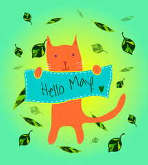 Cartoon cat with banner. Hello May card.