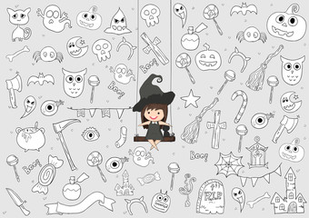 Witch cute and black cat ride on the swinging, halloween, doodle