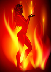 Woman with fire, hot lady dance. Vector image
