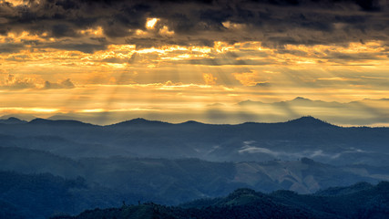 Ray of light landscape, View of mountains with ray of morning light.