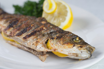 Fish seabass (labrax),fish on the grill,Greek cuisine