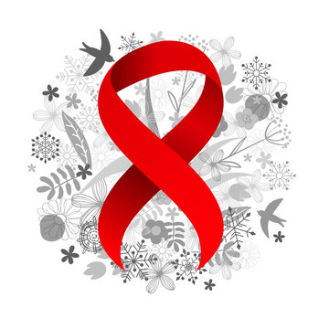 World AIDS Day. Red Awareness Ribbon and floral background with flowers and birds