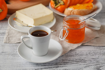 Apricot jam with bread, selective focus