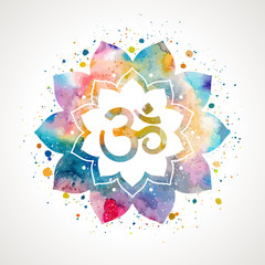 Om sign in lotus flower. Rainbow watercolor texture and splash . Vector isolated. Spiritual Buddhist, Hindu symbol