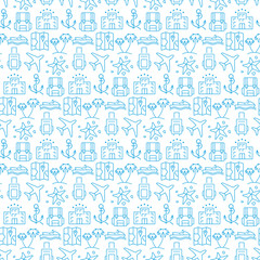 Seamless pattern with icons of travel items. Vector illustration.