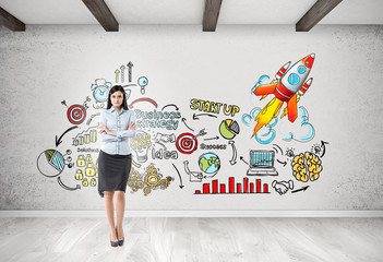 Businesswoman with black hair and startup sketch in a room