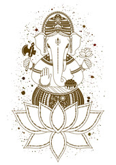 Ganesha, or Ganapati, Indian deity in the Hindu, mehndi in lotus flower. Paint splash. Vector illustration for design of prints, web, Chaturthi invitations.