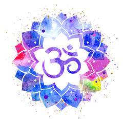 Om sign in lotus flower. Rainbow watercolor texture and splash. Vector isolated. Spiritual Buddhist, Hindu symbol