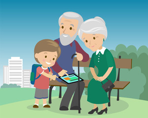 Flat style social media communications. Man woman senior couple grandparents make video call with tablet. Grandson teaching elders to work  gadget