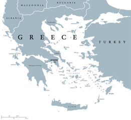 Greece political map with capital Athens, with most important peninsulas and islands, with national borders and neighbor countries. Gray colored illustration with English labeling over white.