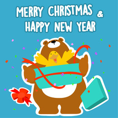 Bear and duck merry christmas and happy new year vector