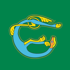 Celtic ornamental lion as initial letter E