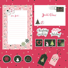 A set of Merry Christmas Santa cute letter, envelope templates and stickers with text, snowman, tree, snowflakes in green, pink, with pink background for Christmas gift, scrapbook. 