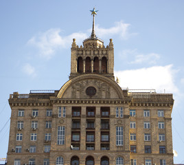 Fototapeta na wymiar Facade was built in the Soviet period. Kiev, Ukraine