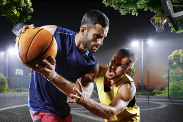 Basketball players in action on court