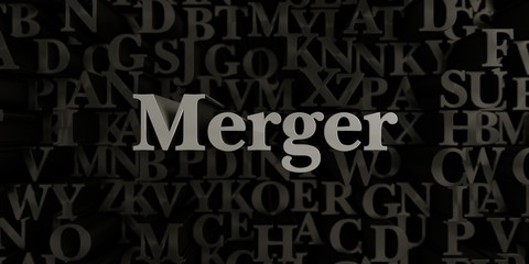 Merger - Stock image of 3D rendered metallic typeset headline illustration.  Can be used for an online banner ad or a print postcard.