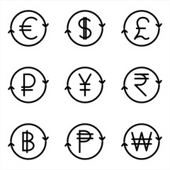 World currencies exchange line icon on background